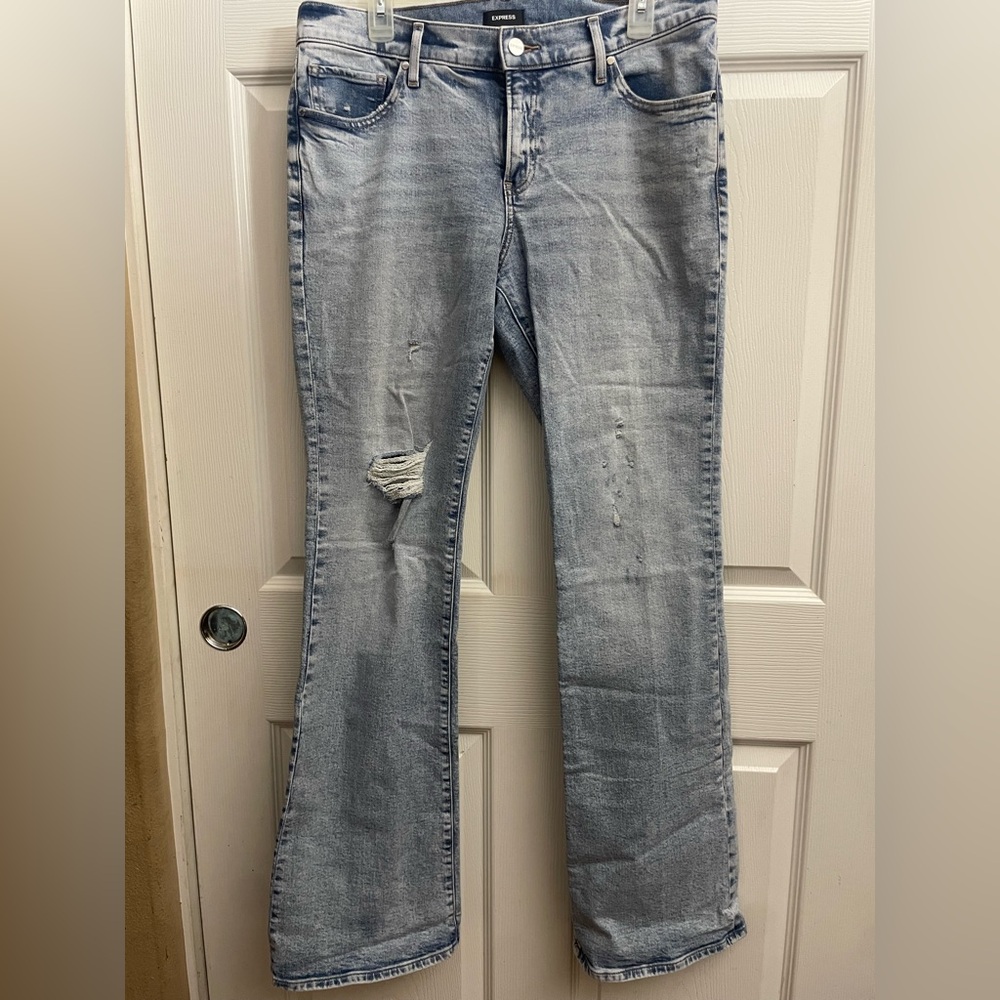 Express Women's Distressed Light Blue Low Rise Boot Cut Jeans Size 10 Long